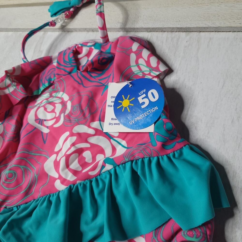 Girls 24m One Piece Toddler Swimsuit Pink And Teal Ruffled UV Sun Protection New